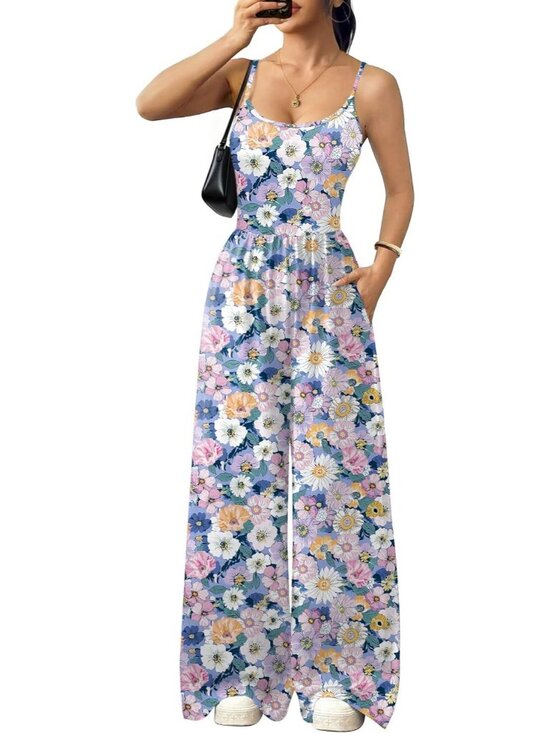 Pants - Women's Purple Yellow Summer Casual Tummy Control Sleeveless Wide Leg Romper